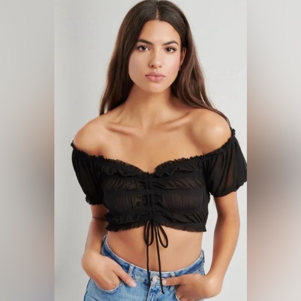 GARAGE Off the Shoulder Sheer Ruched Smocked Bodice Crop Top